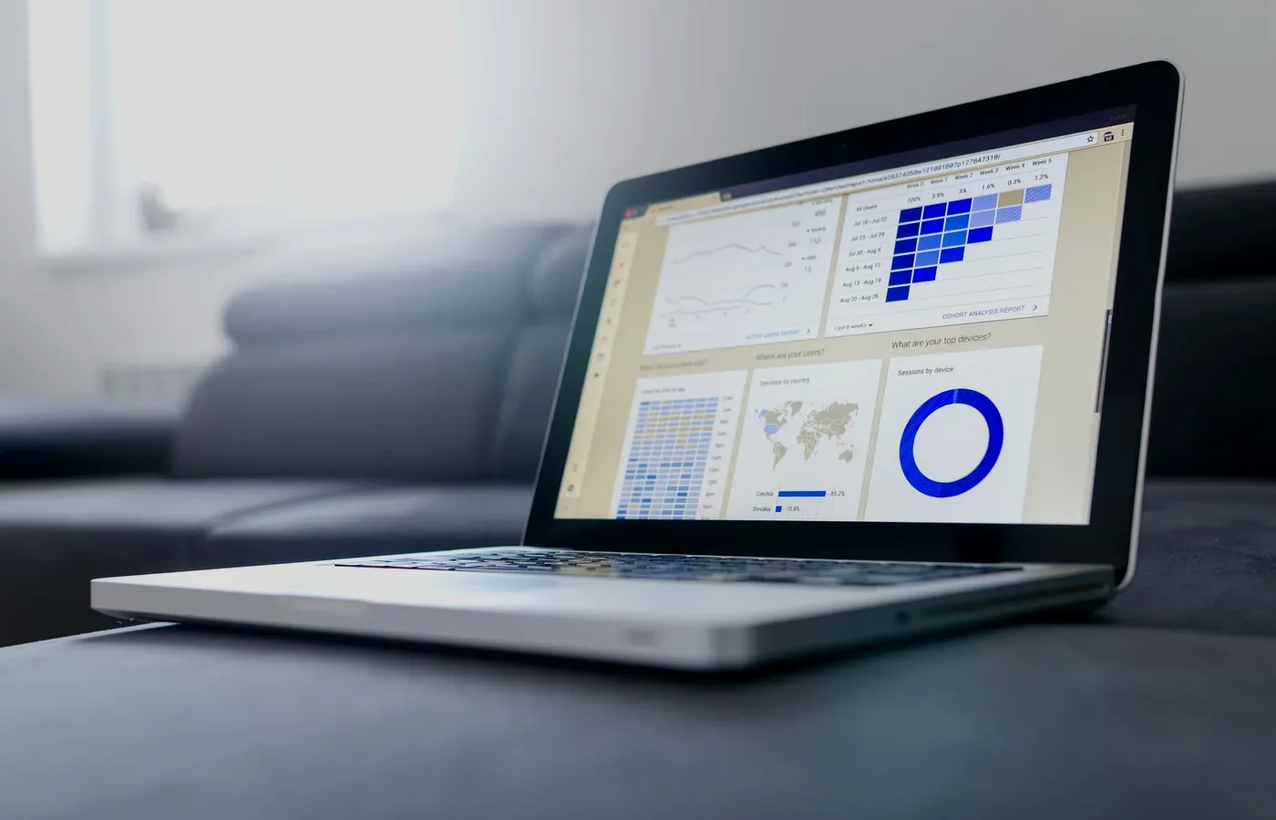 Laptop dashboard showing business analytics reports and performance charts